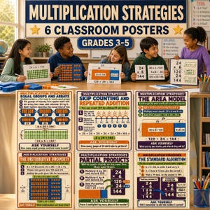 May include: A set of six educational classroom posters titled Multiplication Strategies for grades 3-5. The posters feature colorful diagrams, text, and math problems explaining equal groups, arrays, skip counting, area models, and algorithms.