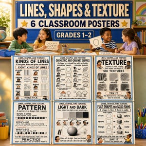 Linjer, former och texturposters | 6 utskrivbara teckningsdiagram | Mönstervärdeformteckning | Årskurs K-2 | 18x24