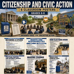 May include: A set of six educational classroom posters titled Citizenship and Civic Action for grades 6-8. The posters feature text and images explaining becoming a citizen, rights and responsibilities, elections, political parties, and government levels.