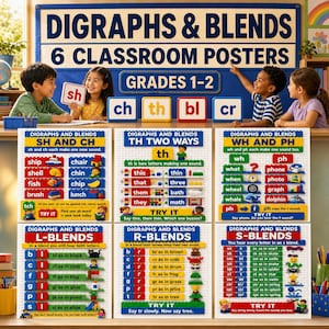 Peut inclure: Un ensemble de six affiches éducatives pour la classe intitulées Digraphs & Blends pour les niveaux 1-2. Les affiches présentent des motifs de blocs de construction colorés avec des exemples de texte pour enseigner la phonétique.