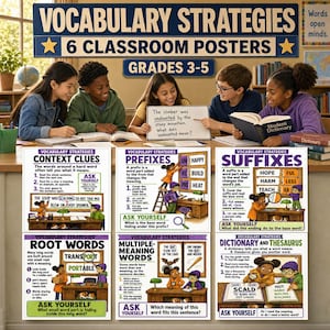Könnte beinhalten: Ein Set aus sechs pädagogischen Klassenzimmer-Postern mit dem Titel Vocabulary Strategies für die Klassen 3-5. Jedes Poster enthält farbenfrohe Illustrationen und Texte, die Konzepte wie Kontext-Hinweise, Präfixe, Suffixe und Wortstämme erklären.