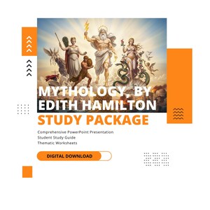 Może przedstawiać: Cyfrowy pakiet edukacyjny do Mythology autorstwa Edith Hamilton z centralną ilustracją greckich bóstw, w tym Zeusa z piorunem. Tekst zawiera Mythology, By Edith Hamilton, Study Package, Comprehensive PowerPoint Presentation, Student Study Guide, Thematic Worksheets oraz Digital Download.