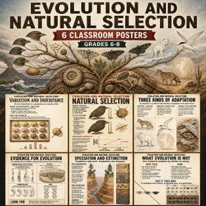 Könnte beinhalten: Ein Set aus sechs pädagogischen Klassenzimmer-Postern mit dem Titel Evolution and Natural Selection für die Klassen 6-8. Die Poster zeigen detaillierte Illustrationen von Vögeln, Motten, Fossilien und Tieren sowie erklärende Texte.
