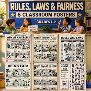 Könnte beinhalten: Ein Set aus sechs pädagogischen Klassenzimmer-Postern mit dem Titel Rules, Laws & Fairness für die Klassen 1-2. Die Poster zeigen schwarz-weiße Illustrationen mit Texten zu sozialen Regeln, Sicherheit und Fairness auf blauem Grund.