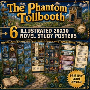 May include: A set of six 20x30 inch illustrated novel study posters for The Phantom Tollbooth, featuring sections on symbolism, setting, plot, characters, and quotes. The design includes a tollbooth, clock, numbers, and an open book.