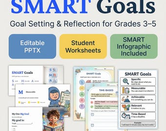 May include: A collection of educational materials for goal setting, including editable PPTX, student worksheets, and a SMART infographic. The title "SMART Goals" is displayed in large blue letters, with the subtitle "Goal Setting & Reflection for Grades 3-5". The image includes examples of worksheets and infographics.