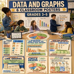 Op de afbeelding: Een set van zes educatieve klasposters getiteld Data and Graphs, met kleurrijke illustraties van turftabellen, staafdiagrammen, pictogrammen, lijngrafieken, cirkeldiagrammen en concepten over gemiddelde, mediaan, modus en bereik.