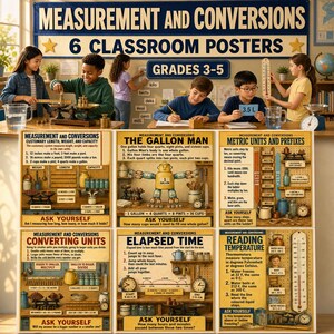May include: A set of six educational classroom posters titled Measurement and Conversions for grades 3-5. The posters feature illustrations of scales, thermometers, and a gallon man, providing information on customary units, metric prefixes, and time.