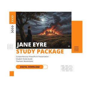 Op de afbeelding: Een digitaal Jane Eyre studiepakket met een afbeelding van een persoon onder een boom die 's nachts naar een brandend gebouw kijkt. De tekst bevat Comprehensive PowerPoint Presentation, Student Study Guide en Thematic Worksheets.