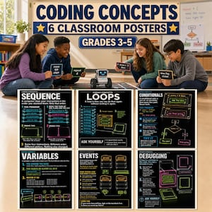 Puede incluir: Un conjunto de seis pósteres educativos titulados Coding Concepts para los grados 3-5, con fondos negros, texto en colores neón y diagramas que explican secuencias, bucles, condicionales, variables, eventos y depuración de programación.