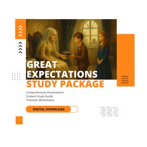 May include: A Great Expectations study package digital download featuring an illustration of an older woman in a veil, a boy, and a girl. Text includes: Great Expectations Study Package, Comprehensive Presentation, Student Study Guide, Thematic Worksheets.