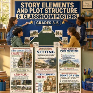 May include: A set of six educational classroom posters titled Story Elements and Plot Structure for grades 3-5. The posters feature illustrations and text explaining character, setting, plot mountain, conflict, theme, and point of view.