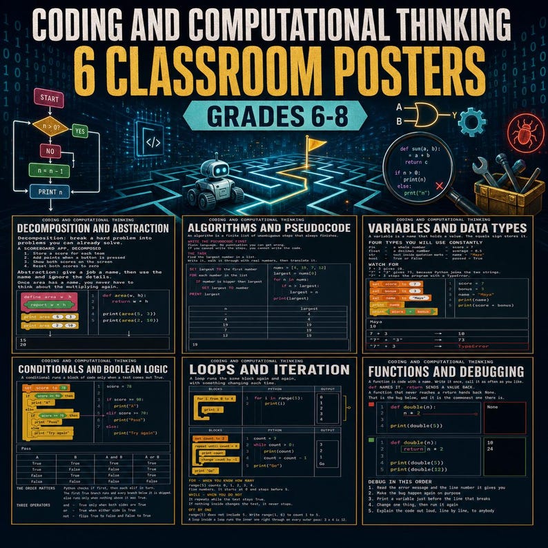 以下が含まれることがあります： 6年生から8年生向けの「Coding and Computational Thinking」と題された6枚の教育用教室ポスターセット。ポスターは暗い背景に白い文字、コードスニペット、フローチャート、アルゴリズムやロジックを説明する図が特徴です。