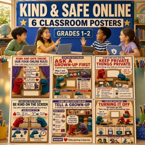 May include: A set of six educational classroom posters titled Kind & Safe Online for grades 1-2. Each poster features colorful illustrations of puppets and text providing safety rules for children using digital devices and the internet.