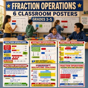 May include: A set of six educational posters titled Fraction Operations for grades 3-5. The posters feature colorful diagrams, step-by-step math instructions, and visual models for adding, subtracting, multiplying, and dividing fractions.