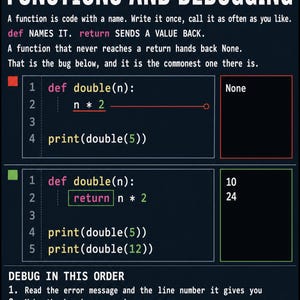 以下が含まれることがあります： Coding and Computational Thinking: Functions and Debuggingというタイトルの教育用ポスター。濃い青の背景に白い文字で、関数定義、return文、デバッグの手順を示すコードスニペットが記載されています。