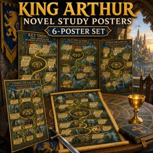 Könnte beinhalten: Ein Set aus sechs King Arthur Roman-Lernpostern mit detaillierten Illustrationen, Karten und Texten zu Charakteren, Handlungssträngen und Themen. Die Poster liegen auf einem Holztisch mit einem goldenen Kelch und einem Schwert.