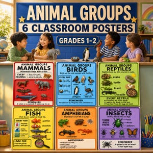May include: A set of six educational classroom posters titled Animal Groups for grades 1-2. The posters feature colourful illustrations and text categorising animals into mammals, birds, reptiles, fish, amphibians, and insects with specific examples.