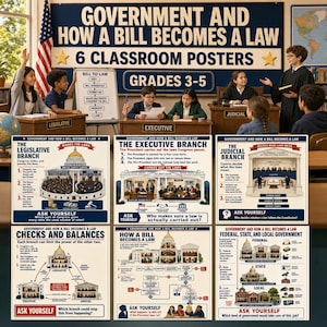 May include: A set of six educational classroom posters titled Government and How a Bill Becomes a Law, designed for grades 3-5. The posters feature detailed illustrations and text explaining the legislative, executive, and judicial branches.