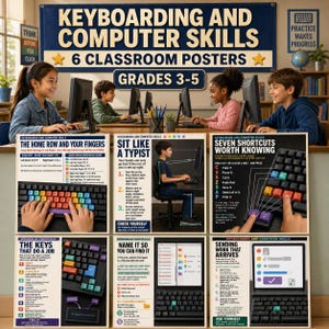 Könnte beinhalten: Ein Set aus sechs pädagogischen Klassenzimmer-Postern mit dem Titel Keyboarding and Computer Skills für die Klassen 3-5. Die Poster enthalten Anleitungstexte, Diagramme von Tastaturen mit farbigen Tasten und Illustrationen zur richtigen Haltung.
