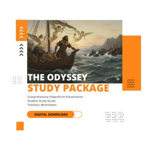 Può includere: Un pacchetto di studio digitale intitolato THE ODYSSEY STUDY PACKAGE con un'illustrazione di un uomo barbuto in armatura antica su una barca di legno con figure alate in un mare in tempesta. Include presentazione PowerPoint, guida e schede.