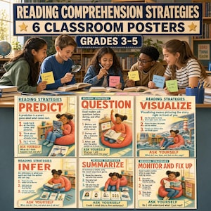 May include: A set of six educational classroom posters titled Reading Comprehension Strategies for grades 3-5. Each poster features a numbered list of steps and an illustration of a child reading, covering Predict, Question, Visualize, Infer, Summarize, and Monitor and Fix Up.