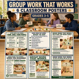 以下が含まれることがあります： 3〜5年生向けの「Group Work That Works」と題された6枚の教育用教室ポスターセット。ポスターは白い背景に濃い青と緑のテキスト、説明図、ゲームボードを使用する生徒たちの写真が特徴です。