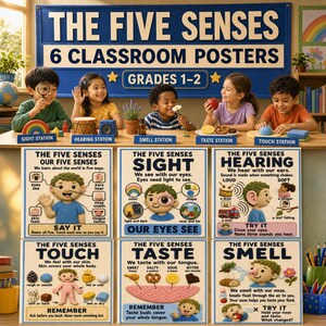Peut inclure: Un ensemble de six affiches éducatives pour la classe intitulées The Five Senses pour les niveaux 1-2. Les affiches présentent des illustrations d'enfants et des icônes sensorielles avec du texte expliquant la vue, l'ouïe, le toucher, le goût et l'odorat.