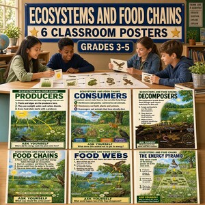 May include: A set of six educational posters titled Ecosystems and Food Chains for grades 3-5. The posters feature colourful illustrations of producers, consumers, decomposers, food chains, food webs, and an energy pyramid with explanatory text.