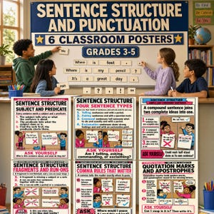 May include: A set of six educational classroom posters titled Sentence Structure and Punctuation for grades 3-5. The posters feature colorful illustrations, instructional text, and examples of sentence types, comma rules, and quotation marks.