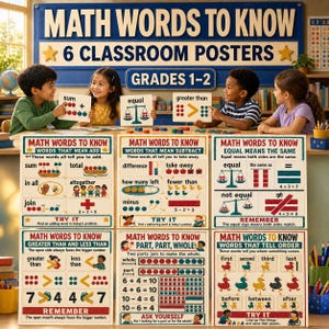 May include: A set of six educational classroom posters titled Math Words to Know for grades 1-2. The posters feature colorful illustrations, text, and diagrams explaining mathematical concepts like addition, subtraction, equality, and ordering.