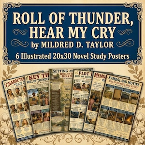 May include: A set of six illustrated 20x30 inch novel study posters for Roll of Thunder, Hear My Cry by Mildred D. Taylor. The posters feature educational content including character profiles, key themes, setting, plot, and symbols with vintage-style graphics.