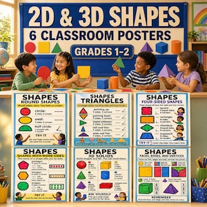 Pode incluir: Um conjunto de seis cartazes educativos para sala de aula intitulados 2D & 3D SHAPES, com ilustrações coloridas de formas geométricas, definições e propriedades. Os cartazes incluem seções sobre formas redondas, triângulos, quadriláteros, polígonos, sólidos 3D e faces, arestas e vértices.