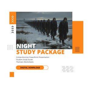 Puede incluir: Un gráfico de descarga digital con el texto "NIGHT STUDY PACKAGE" sobre una pintura de una fila de figuras caminando en un paisaje nevado. El gráfico incluye el texto "Comprehensive PowerPoint Presentation, Student Study Guide, Thematic Worksheets".