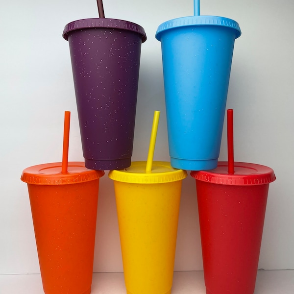 24oz Smoothie Colorful Glitter Reusable Cold Cups, Set of 5 Plastic Cups, Cold Cups with Lid and Straw