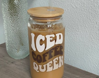 Iced Coffee Queen Glass Can Cup | Coffee Lover Gift for Her | Cute Coffee Tumbler | 16oz Glass Cup with Bamboo Lid and Straw