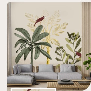 Tropical Rainforest Plants Wall Mural Wallpaper- Plants with Birds Wall Mural, Jungle Wallpaper Removable, Tropical Forest Wallpaper