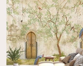 Exotic Palm Leaf Branches Wallpaper with Earthy Parrots & Feathers for Walls