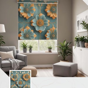 May include: A patterned roller blind with a floral design. The flowers are teal, orange, and yellow on a teal background. The design is repeated across the blind. The text "WC 2047" is visible in the lower right corner.