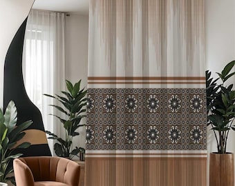 White & Brown Patterned Blackout Curtain: Boho Window Treatment