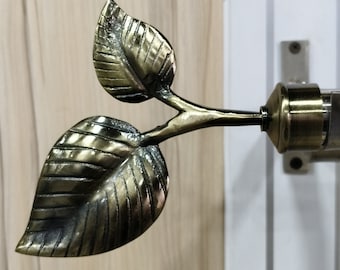 Brass Leaf Curtain Rod Finials | Antique Handmade India | Decorative Pole End-Cap | Set of 2