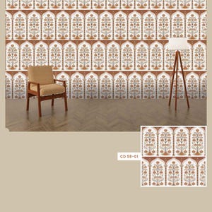 May include: A white and brown wallpaper with a repeating pattern of arches and stylised trees. The wallpaper has a vintage feel and would be a great addition to any home decor.