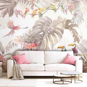 Watercolor Parrots Peel and Stick Wallpaper: Tropical Birds, Removable Wall Art