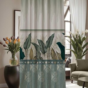 May include: A floor-length curtain featuring a top section with vertical green lines, a middle band of dark green tropical leaves, and a bottom section with a geometric pattern of concentric arches. The text WC F 4053 Stylish curtains, Luxurious living is visible.