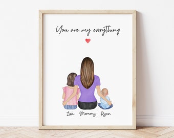 Personalized Mother and Kids Portrait Print, Custom Mom Kids Gift, Mothers Day Gift, Gift For Mom, Family Portrait, Birthday Gift For Mother