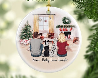 Paar mit Hund Ornament, Hund Familie Ornament, Paar Weihnachten Ornament, Pelz Familie Weihnachten Ornament, neues Familien Porträt Geschenk