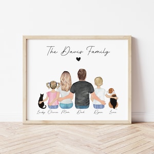 Digital Family Portrait and Pets, Personalized Family Portrait, Family Wall Art Print, Family Gift, Family Anniversary Gift