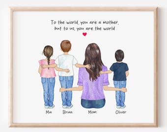 Custom Mom and Child Portrait Print, Mother's Day Gift, Mom Kid Illustration, Mother Birthday Gift, Gift for Her, Family Portrait