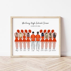 Op de afbeelding: Een ingelijste print met de tekst Whitney High School Cheer Class of 2026 met een illustratie van tien personen die in een rij staan met hun armen om elkaar heen. Ze dragen oranje tops, houden oranje pompons vast en hebben namen eronder.