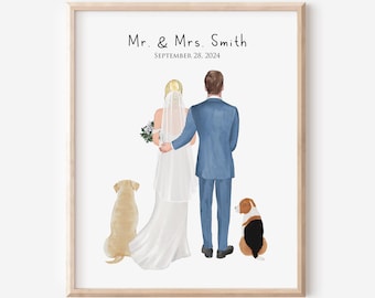 Personalized Bride and Groom Portrait Print, Anniversary Gift, Wedding Gift for Couple with Pet, Engagement Gift, Family Wedding Gift